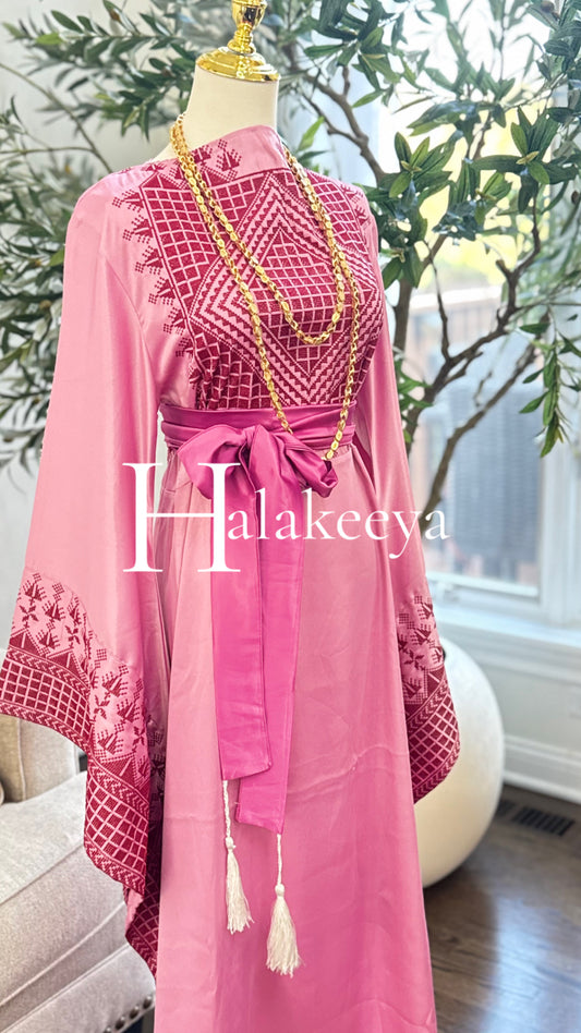 Pink Satin Embroidered Thobe Kaftan with Wide Sleeves