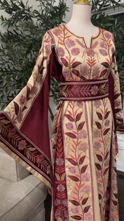 Falahi Embroidered embellished Satin Palestinian Thobe A-Line