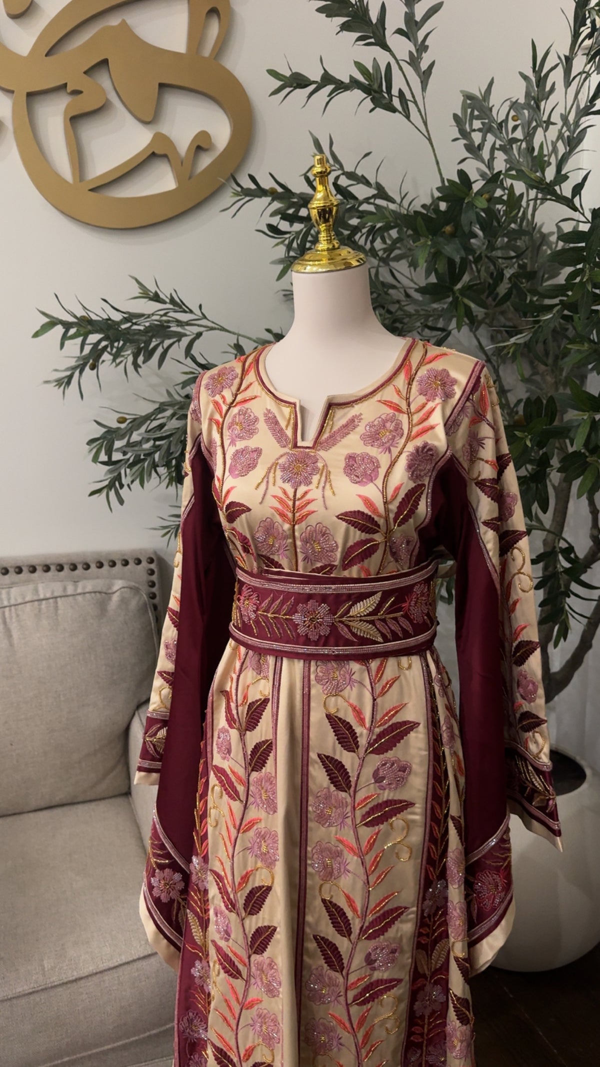 Falahi Embroidered embellished Satin Palestinian Thobe A-Line