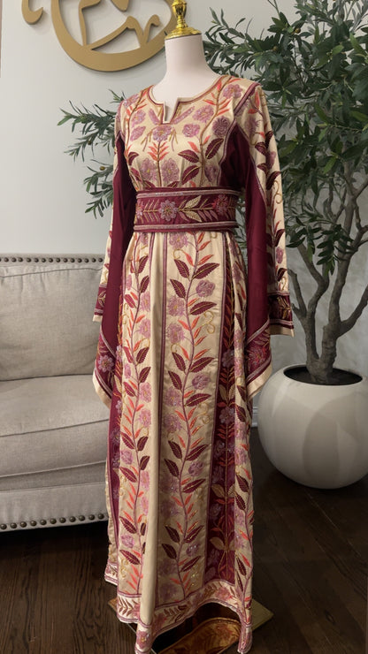 Falahi Embroidered embellished Satin Palestinian Thobe A-Line