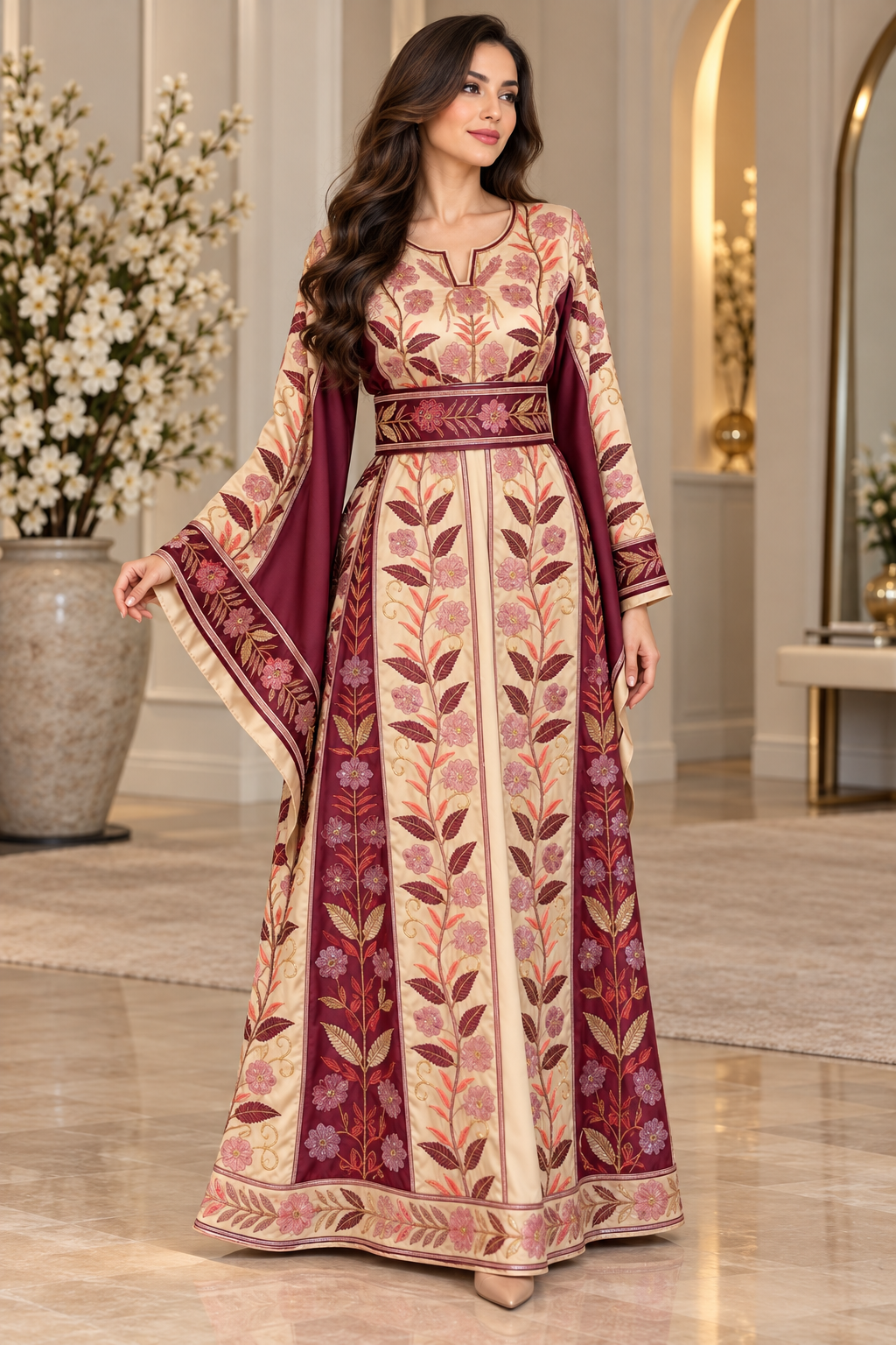 Falahi Embroidered embellished Satin Palestinian Thobe A-Line