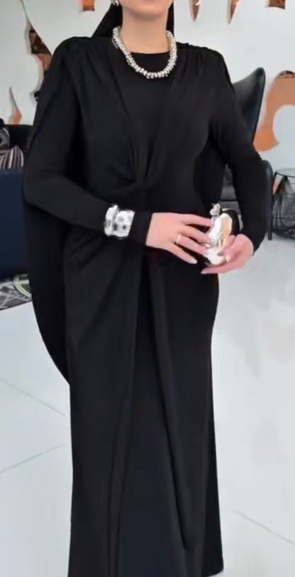 Elegant Draped Lycra Evening Dress with Metallic Accent