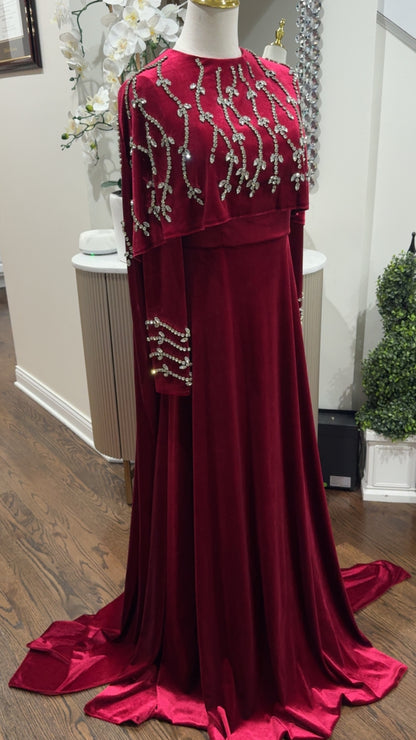Royal Red Velvet Embroidered Cape Gown
