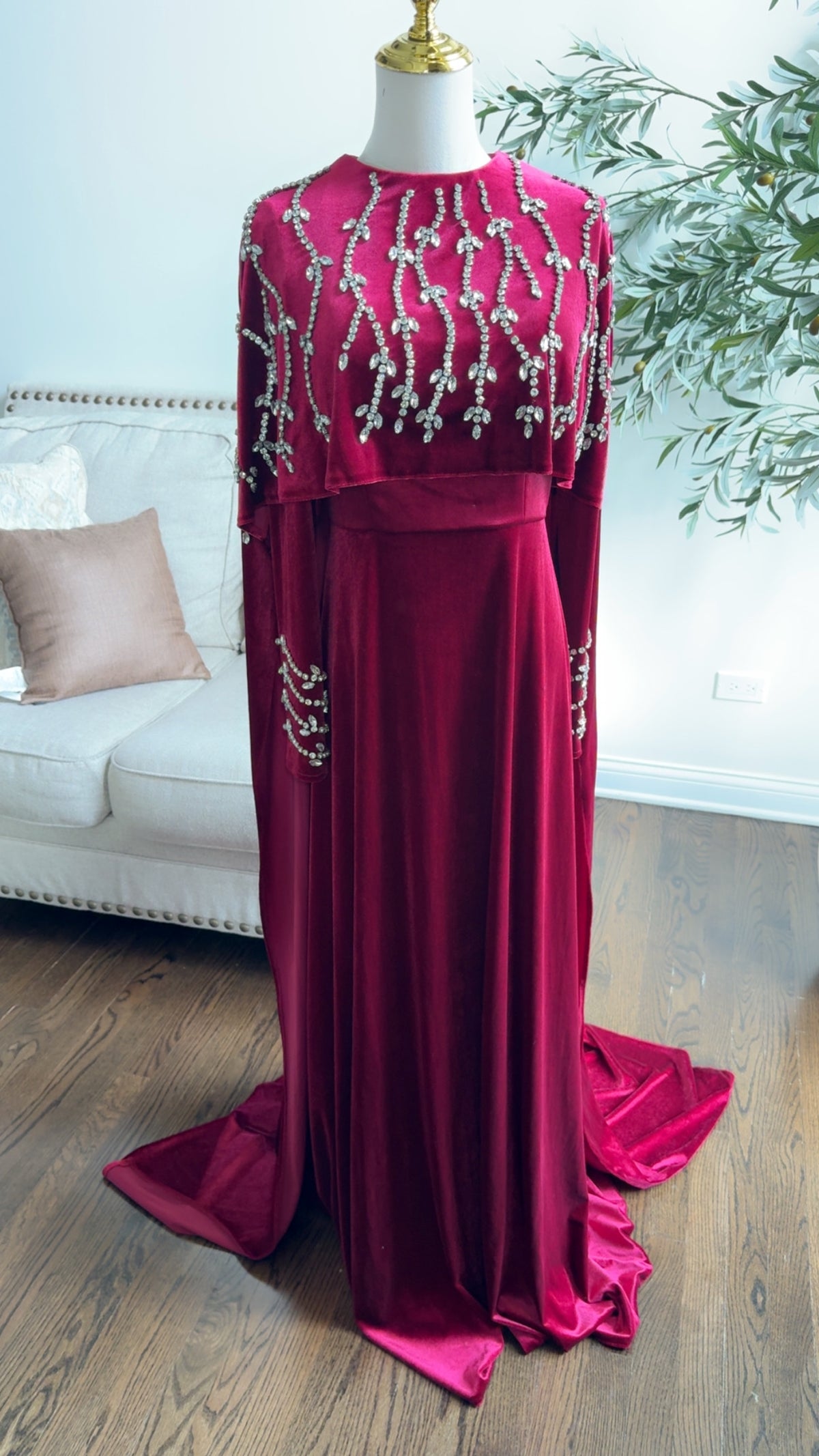 Royal Red Velvet Embroidered Cape Gown