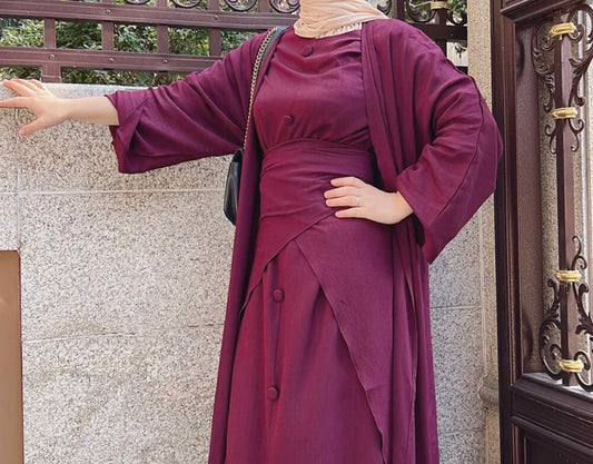 Women's Abaya Dress 3 Pieces Set With Tie-Wrap Skirt