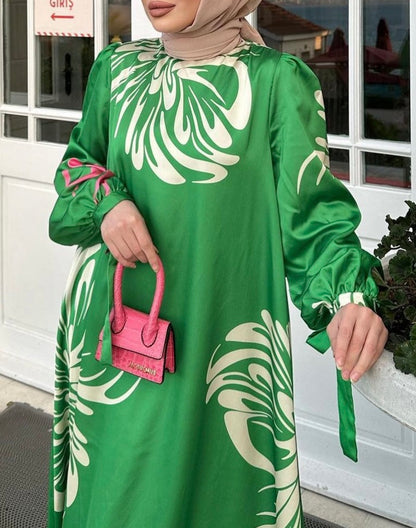 Modest Maxi Floral Satin Dress With Belt