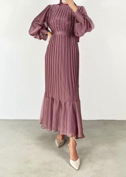 Long Sleeve Pleated Maxi Dress With Belt