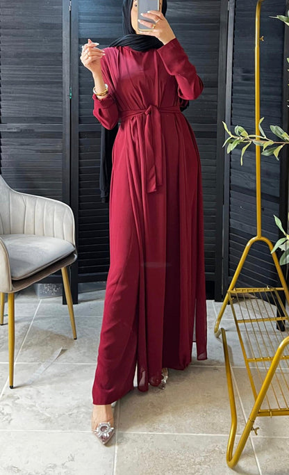 Long Sleeve Belted Chiffon Jumpsuit