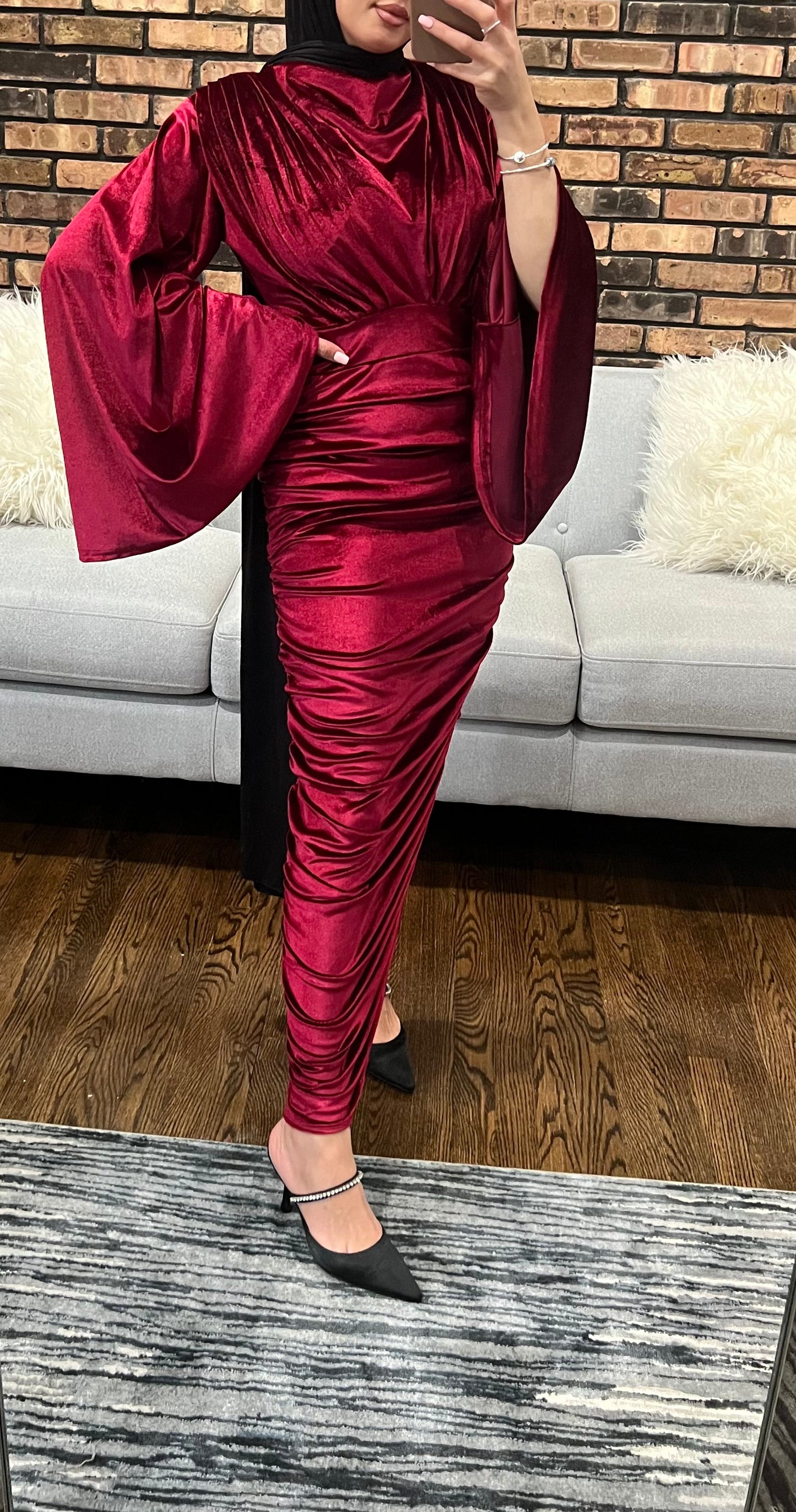 Velvet Maxi Evening Dress with Flare Sleeve
