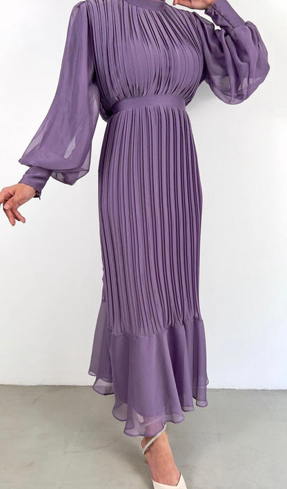 Long Sleeve Pleated Maxi Dress With Belt