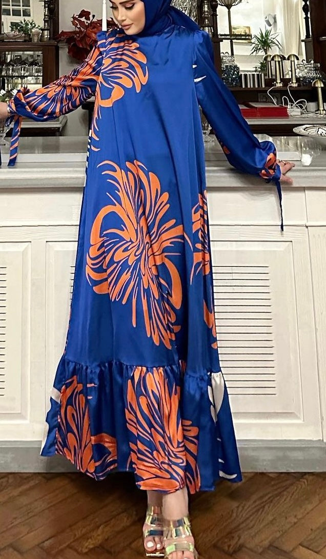 Modest Maxi Floral Satin Dress With Belt