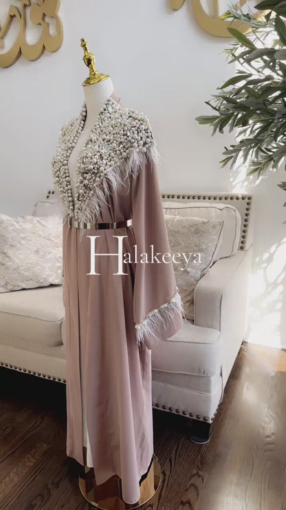 Pearls Mocha Handwork Beaded Open Abaya with Feather Detailing
