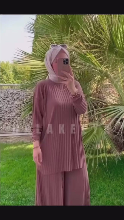 2 pcs Pleated wide casual solid color pants set