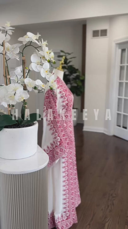 3 Pcs White Palestinian Embroidered Tatreez Open Abaya Thobe