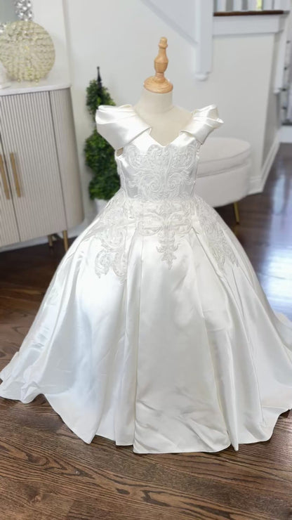 Aida Luxury Off White Beaded lacePuffy Flower Girl Dress