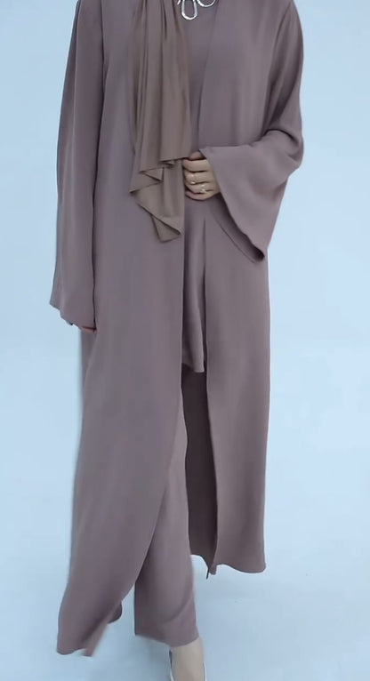 3 Pieces Set Plain Open Abaya Top and Pants Suit Sets