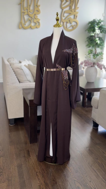 Brown Open Abaya With Embellished Beadwork On Shoulder