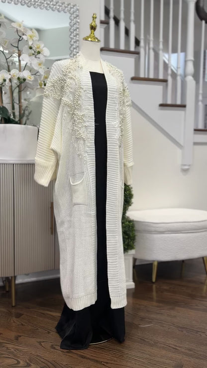 Feather-Embellished Pearls Knit Long Cardigan