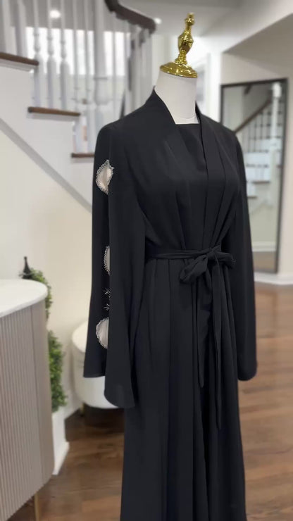 Black Embellished Organza Handwork Flower Abaya set