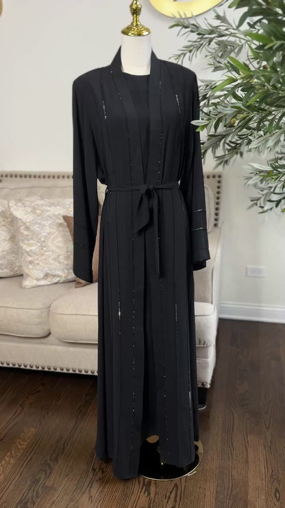 3 Pcs Elegant Rhinestone Embellished open Abaya with belt