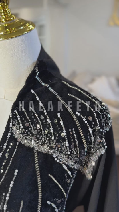 Open Abaya With Embellished Leaves Shape Beadwork On Shoulder