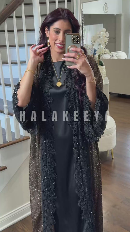Midnight Lace Open Abaya with Stressed Detailing