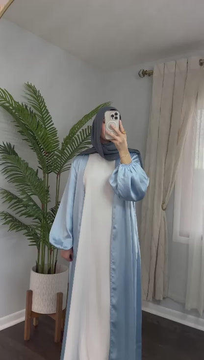 Satin Kimono Cardigan Bubble Sleeves Abaya