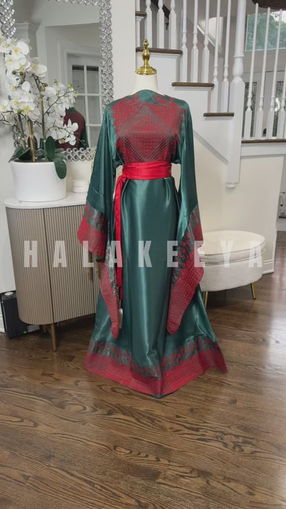 Green Satin Embroidered Thobe with Wide Sleeves