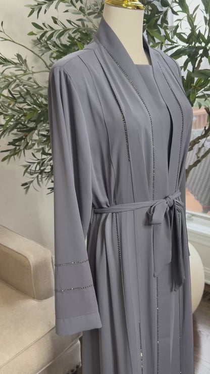 3 Pcs Elegant Rhinestone Embellished open Abaya with belt