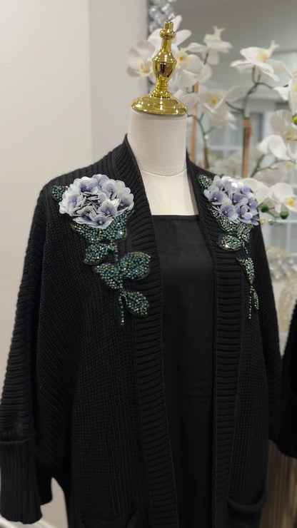 Embellished Beaded Black Knit Cardigan With Blue Hydrangeas Flower