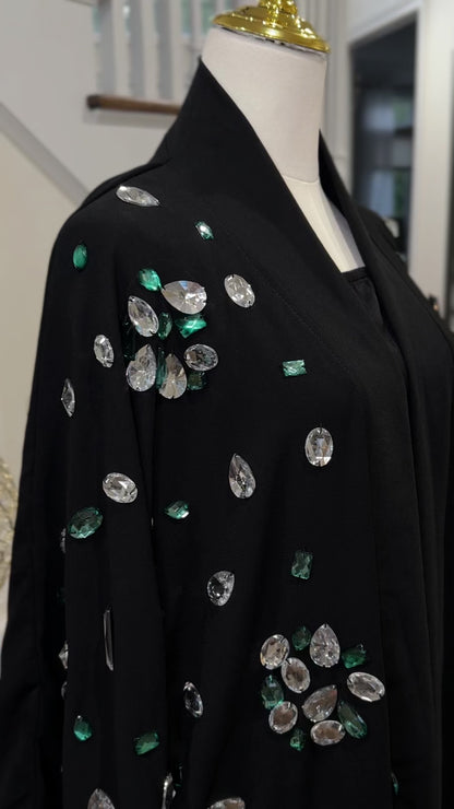 Crystal Embellished Open  Abaya With Feathers Finished
