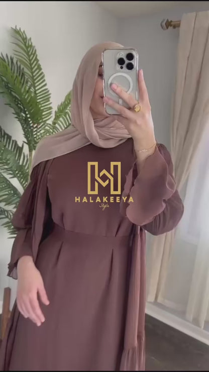 2-Piece Puff Sleeves Chiffon Abaya Set with Belt