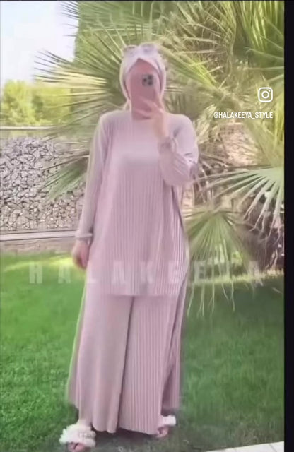 2 pcs Pleated wide casual solid color pants set