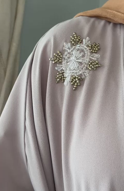 Embellished Handwork Beaded Gray Open Abaya Wide Sleeves