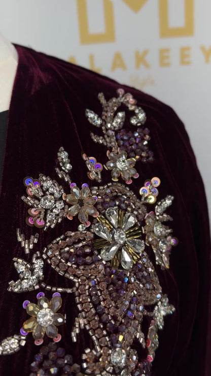Wine maroon 3 pc set Embellished beaded velvet Abaya (A6)
