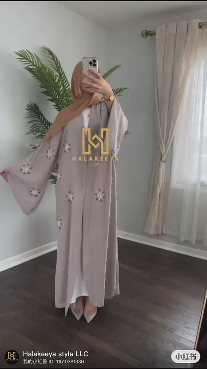 Embellished Handwork Beaded Gray Open Abaya Wide Sleeves