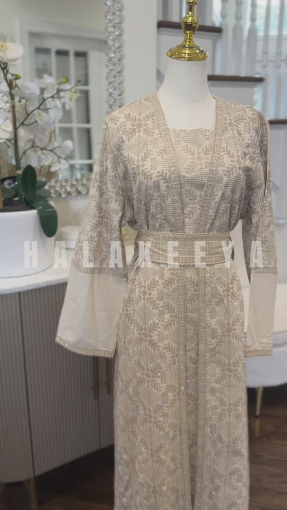 3 Pcs Tatreez Beige Open Abaya Thobe