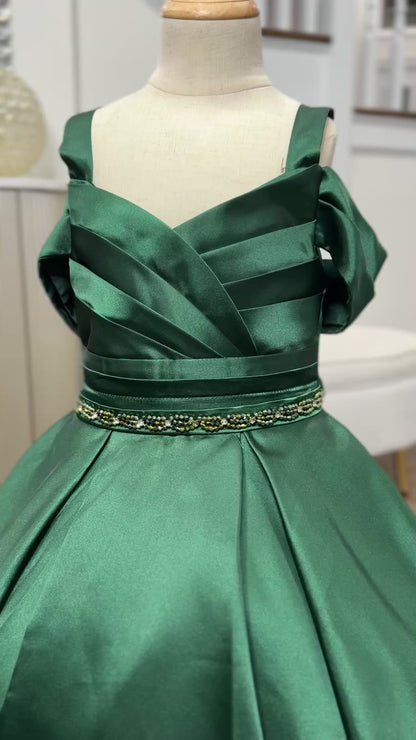 Sara Luxury GREEN Beaded lace Puffy Flower Girl Dress