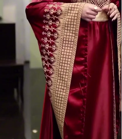 Satin Embroidered Thobe with Wide Sleeves